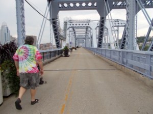 Rich walking on the Purple People Bridge back to Cincy.