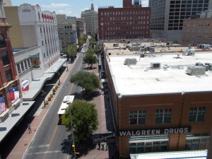 Looking down from the parking garage toward Buckhorn Saloon.  See the very old Walgreen's sign?