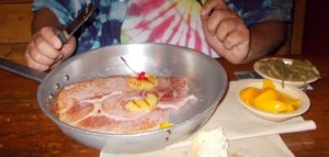 Rich's ham dinner came in a rather large frying pan.