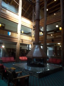 Inside the lobby of Many Glacier Lodge