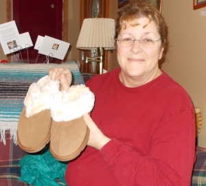Joy got new fuzzy slippers.
