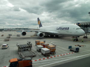 Double decker plane at the gate next to us in Frankfurt.