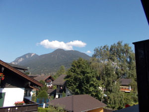 Ski resort is on one of the mountains we can see from balcony.