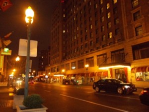 Peabody Hotel on a dark and rainy night